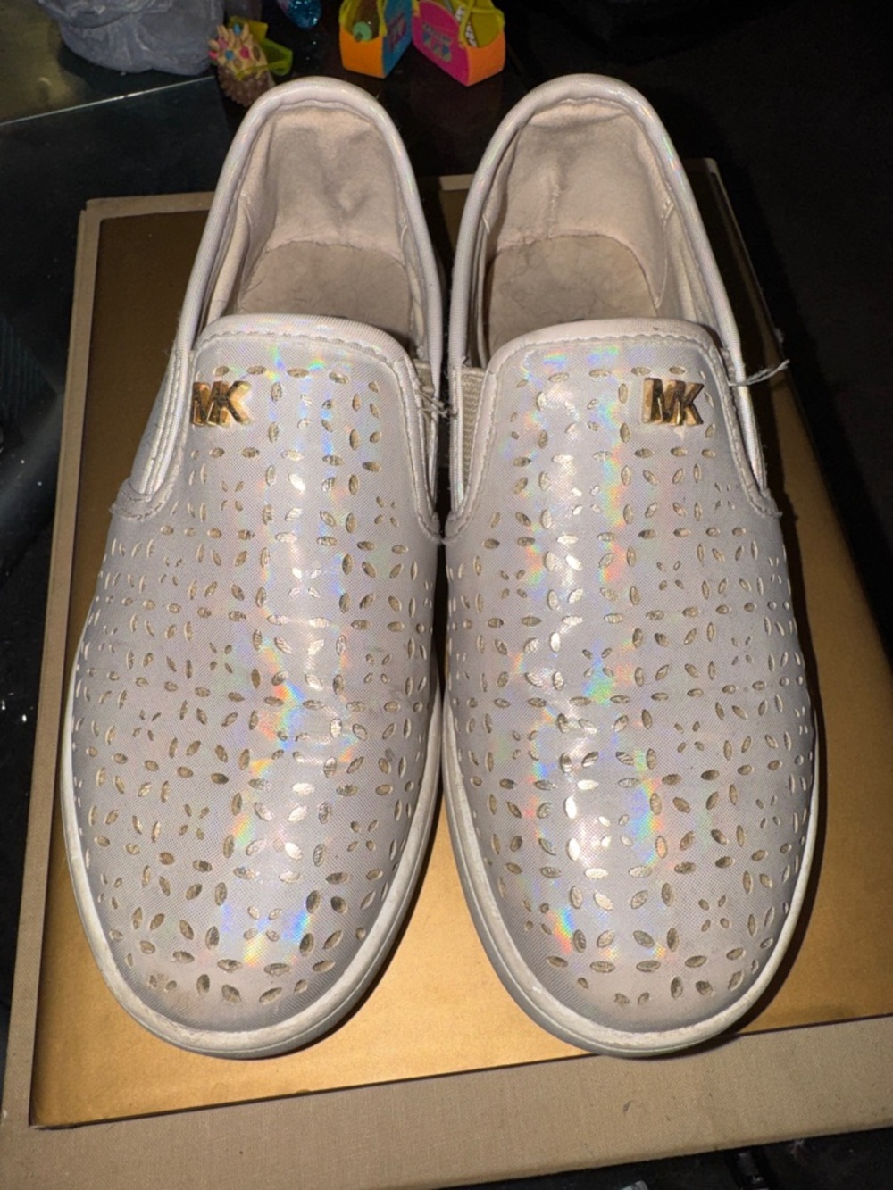 Michael Kors Iridescent White Perforated Slip-On Sneakers with Gold MK Accent